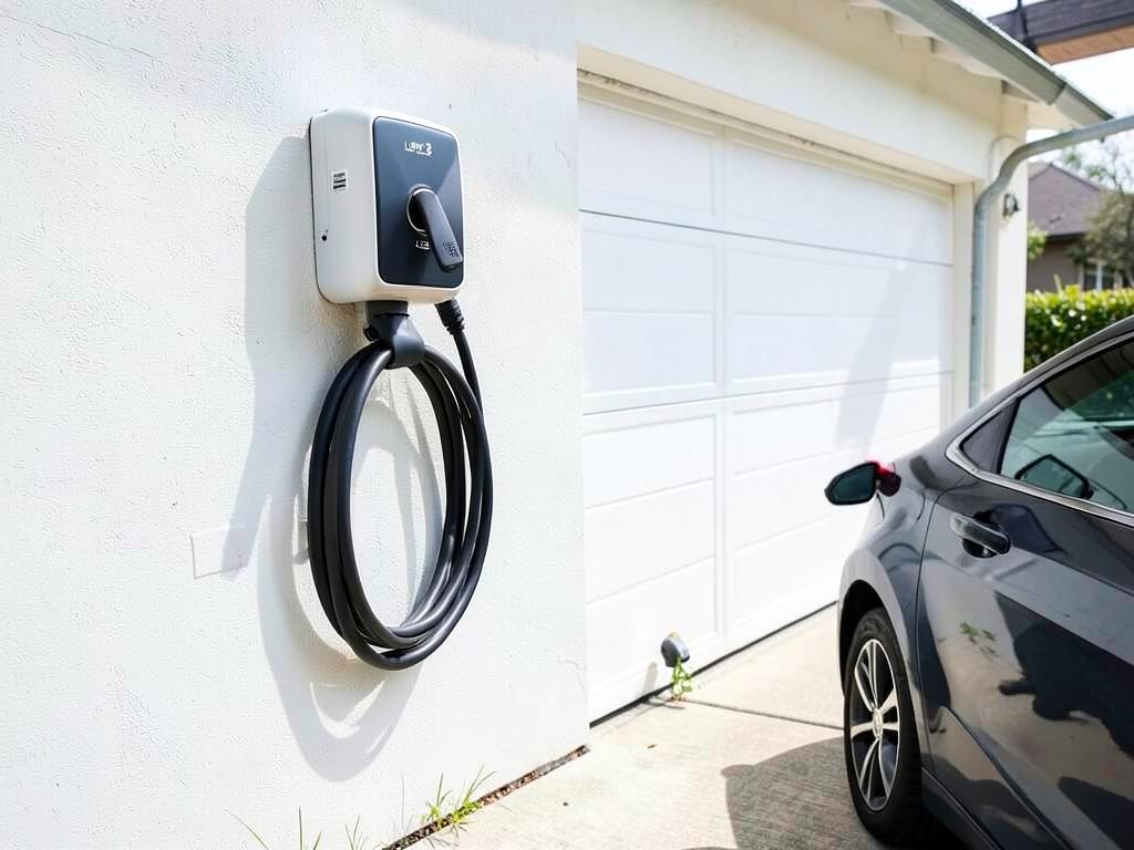 Level 2 EV charger mounted on a garage wall beside a parked electric car